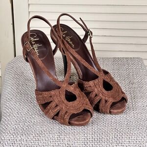 Luxe Cole Haan Brown Suede Boho Strappy Heels Braided Sandals Y2K Size 6 B